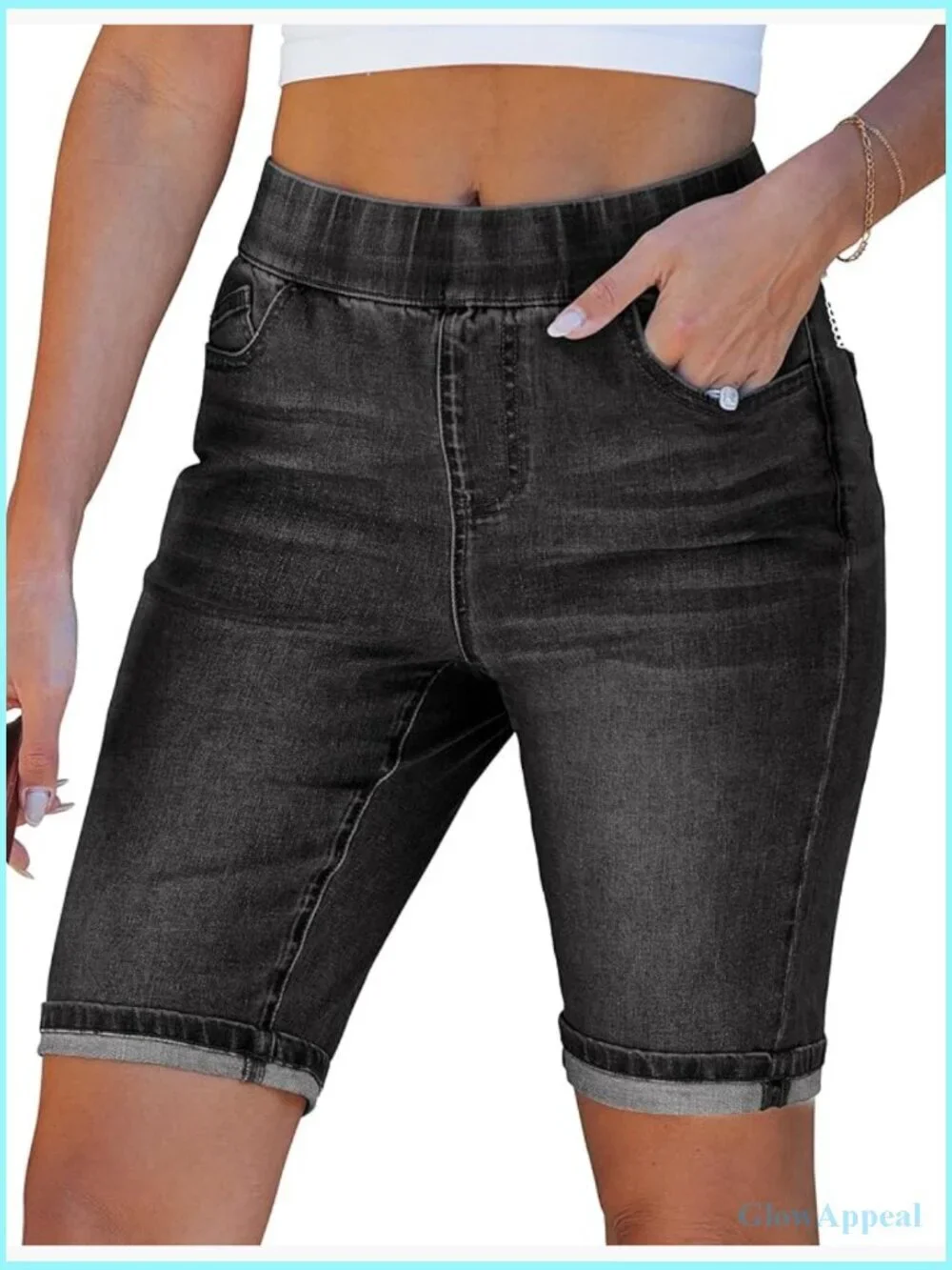 High Waisted Pull On Bermuda Jean Shorts Stretchy Denim Long Shorts